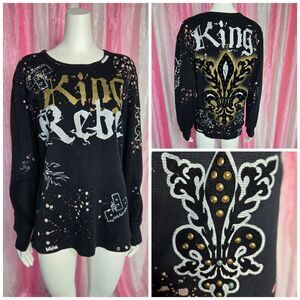 Rebel Spirit King Studded Thermal Hip Hop Black T-Shirt Size Large